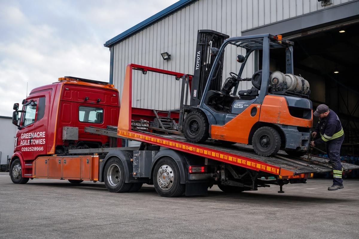 Forklift being loaded onto a Greenacre Agile Towies heavy flatbed truck